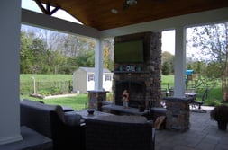 Outdoor living space with roof and fireplace